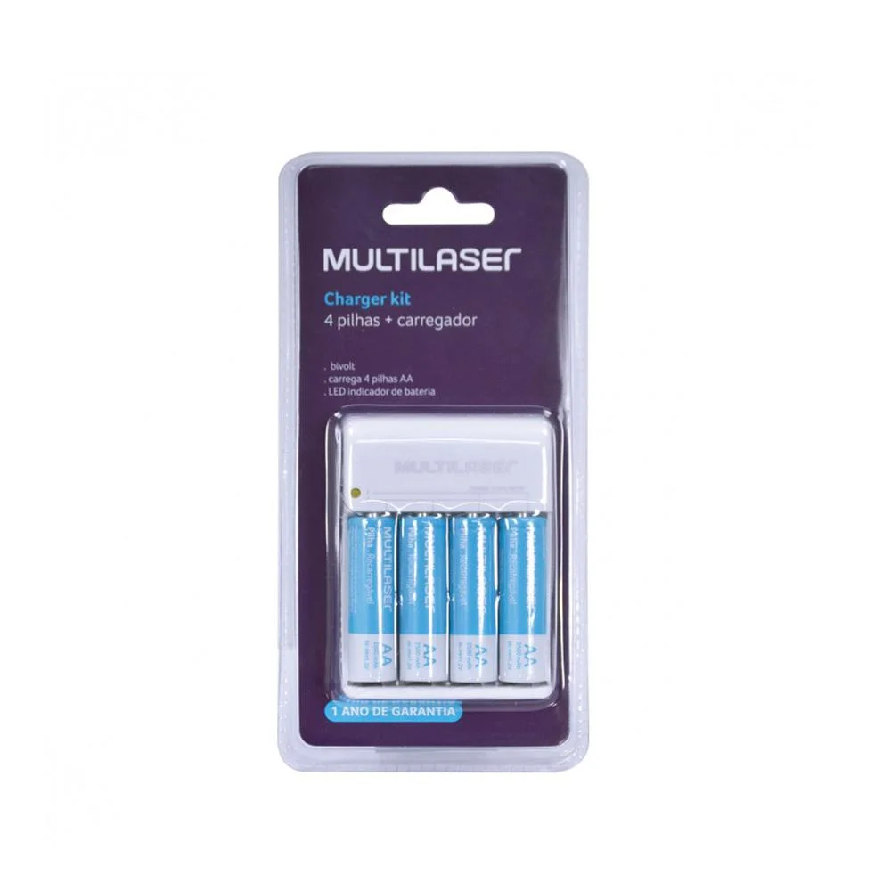 Carregador de Pilhas Multilaser CB054 com 4 Pilhas AA 2500mAh