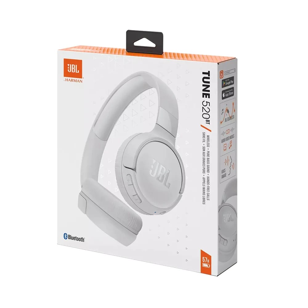 Fone de Ouvido Bluetooth JBL Tune 520BT, On-ear, JBL Pure Bass, Bluetooth 5.3, Bateria de até 57 Horas, Branco