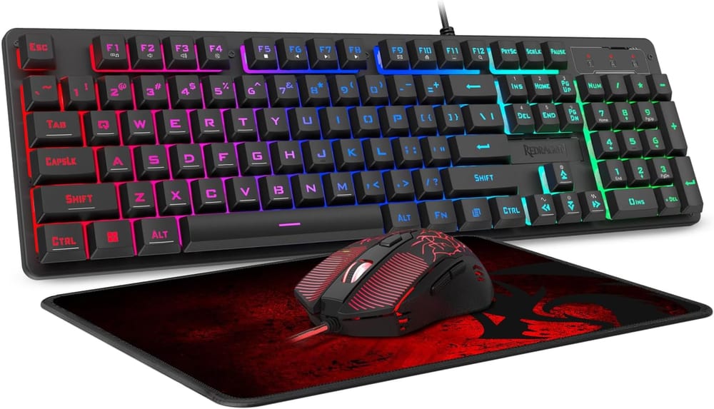 Kit Gamer Redragon S107 3 em 1 - Teclado de Membrana RGB ABNT2 Anti-Ghosting + Mouse 3200 DPI 6 Botões + Mousepad
