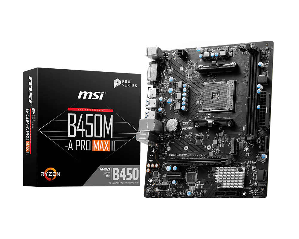 Placa-mãe MSI B450M-A PRO MAX II, AMD AM4, Micro ATX, DDR4, Chipset B450, M.2, HDMI/DVI (911-7C52-036)